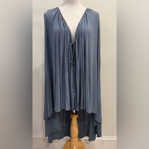 Free People FP Beach Swim Cover Up Small Linen Wrap Shawl Cape Blue Boho Tie